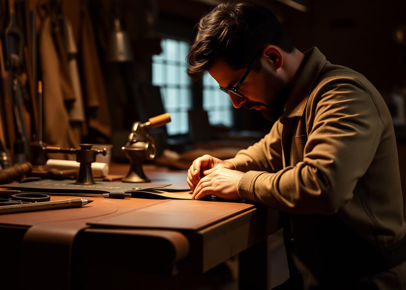 Artisan hand-stitching leather at the atelier bench